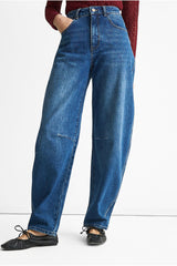 Blue Mid Rise Barrel Leg Jeans by Gini London