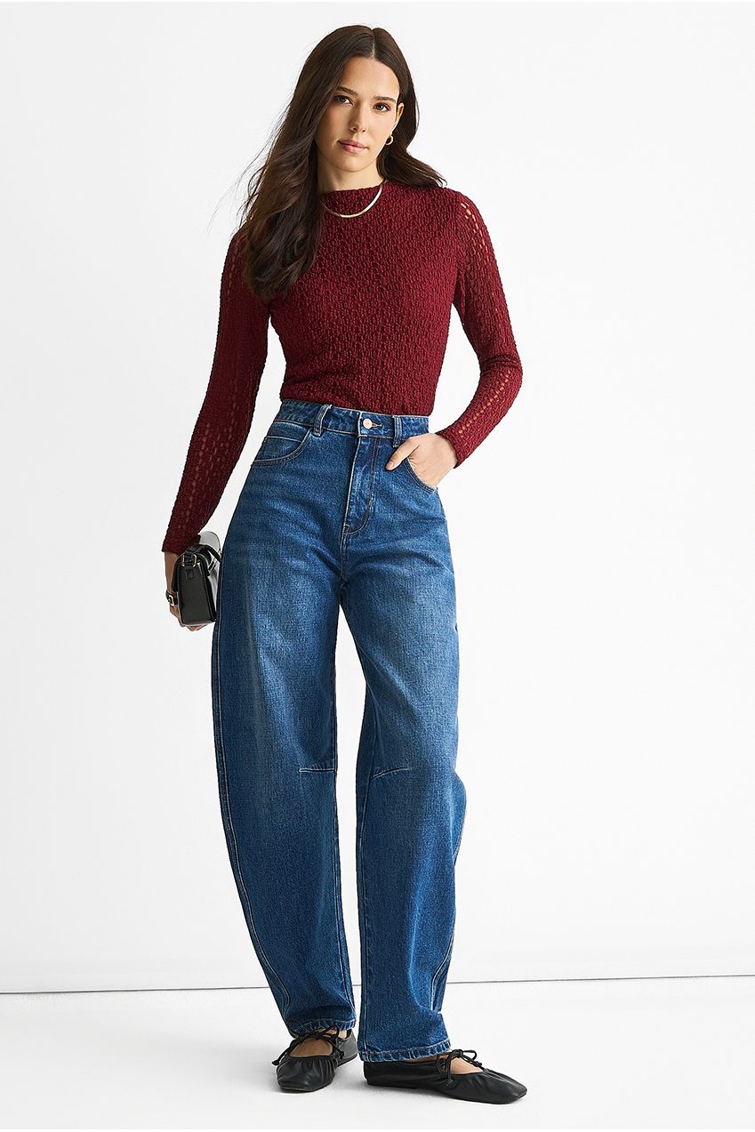 Blue Mid Rise Barrel Leg Jeans by Gini London