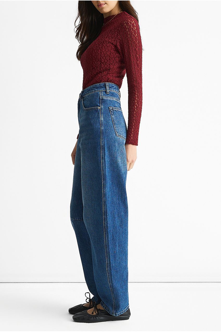 Blue Mid Rise Barrel Leg Jeans by Gini London