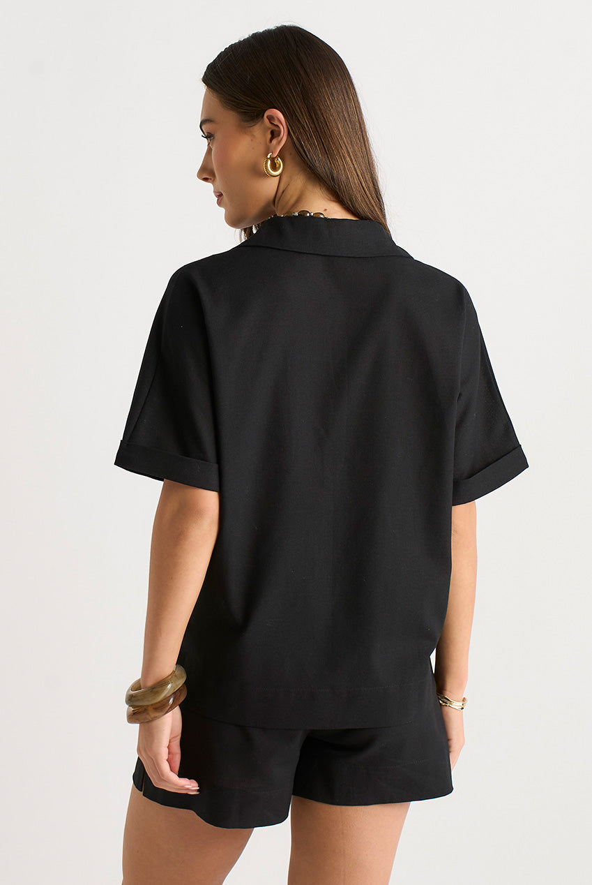 Black Linen Mix Oversized Button Through Shirt by Gini London
