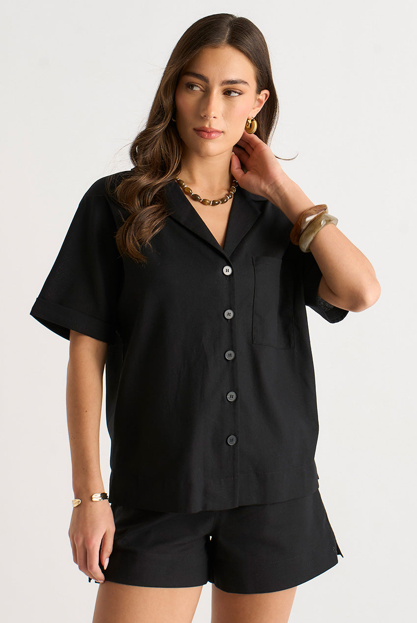 Black Linen Mix Oversized Button Through Shirt by Gini London