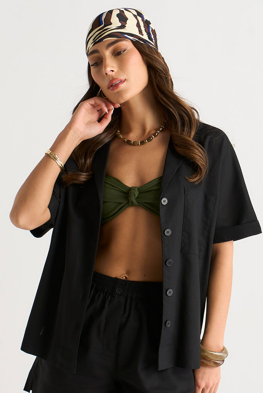 Black Linen Mix Oversized Button Through Shirt by Gini London