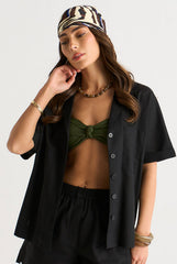 Black Linen Mix Oversized Button Through Shirt by Gini London
