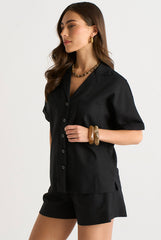 Black Linen Mix Oversized Button Through Shirt by Gini London