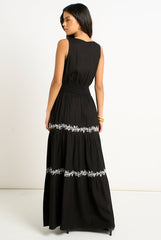 Black Floral Embroidery Tiered Maxi Dress by Gini London