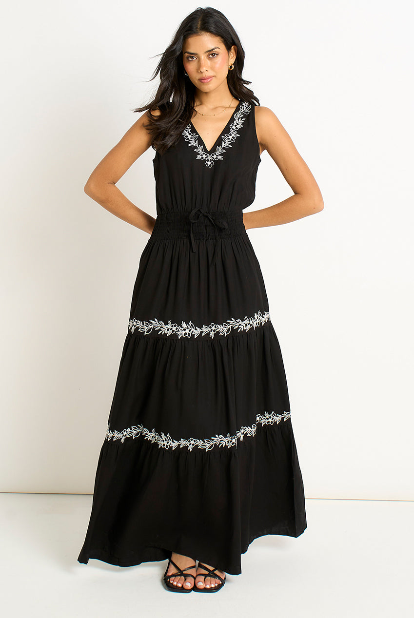 Black Floral Embroidery Tiered Maxi Dress by Gini London