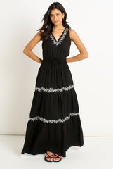Black Floral Embroidery Tiered Maxi Dress by Gini London