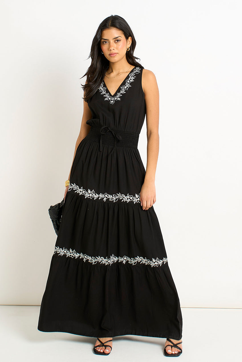 Black Floral Embroidery Tiered Maxi Dress by Gini London