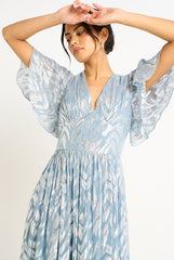Blue Foil Metallic Print Short Sleeves Maxi Dress by Gini London
