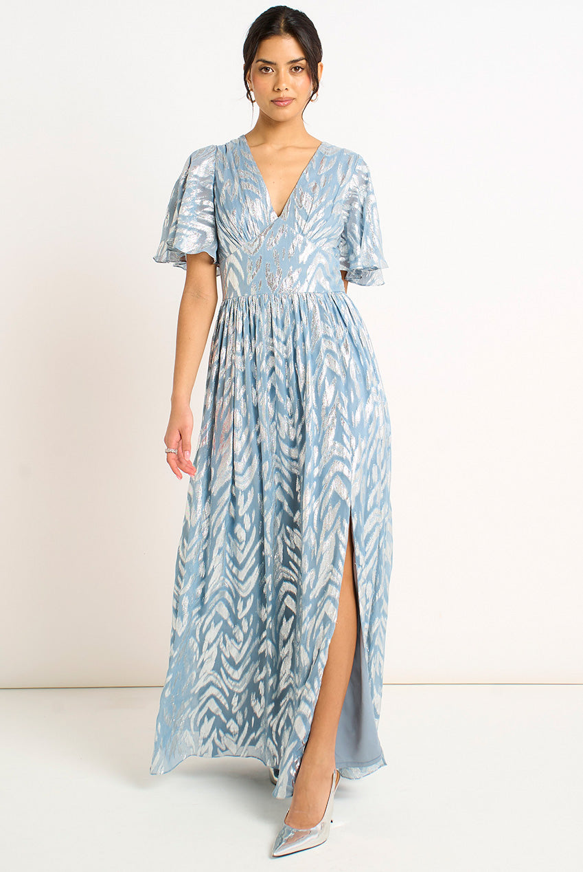 Blue Foil Metallic Print Short Sleeves Maxi Dress by Gini London
