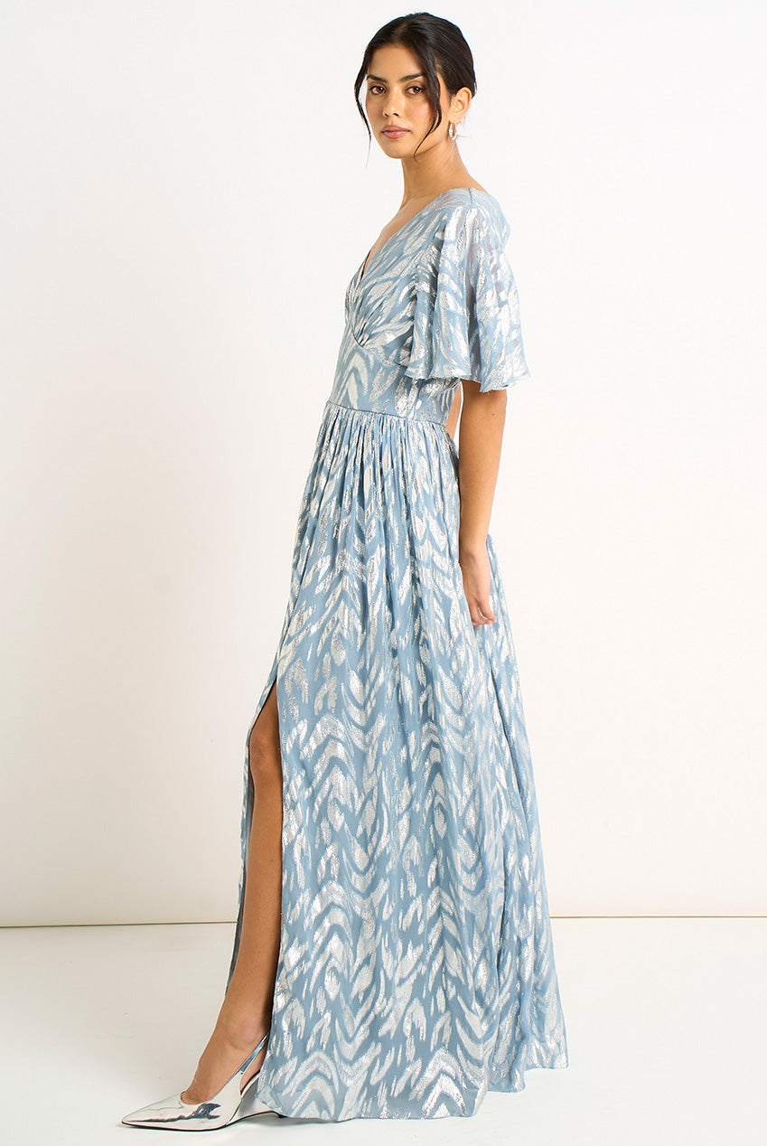Blue Foil Metallic Print Short Sleeves Maxi Dress by Gini London