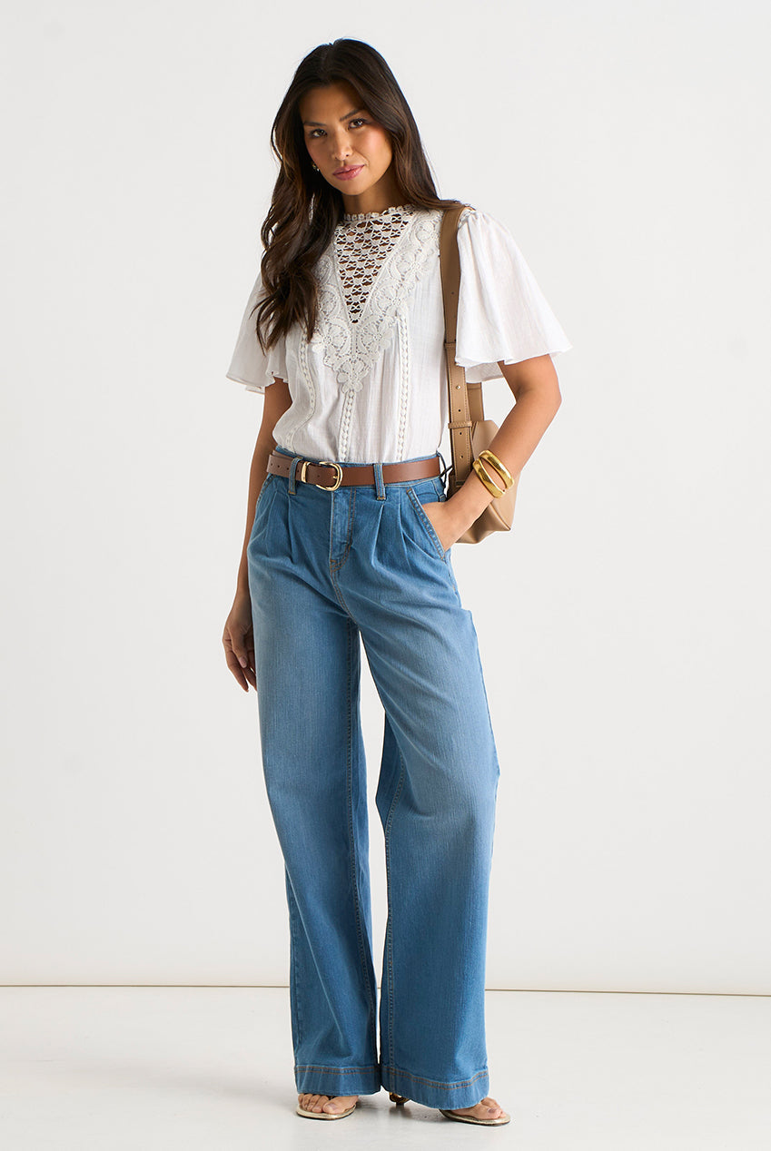 Blue Pleat Wide Leg Jean by Gini London