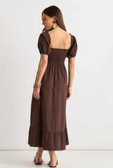 Brown Gypsy Puff Sleeves Midaxi Dress by Gini London