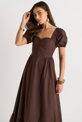 Brown Gypsy Puff Sleeves Midaxi Dress by Gini London