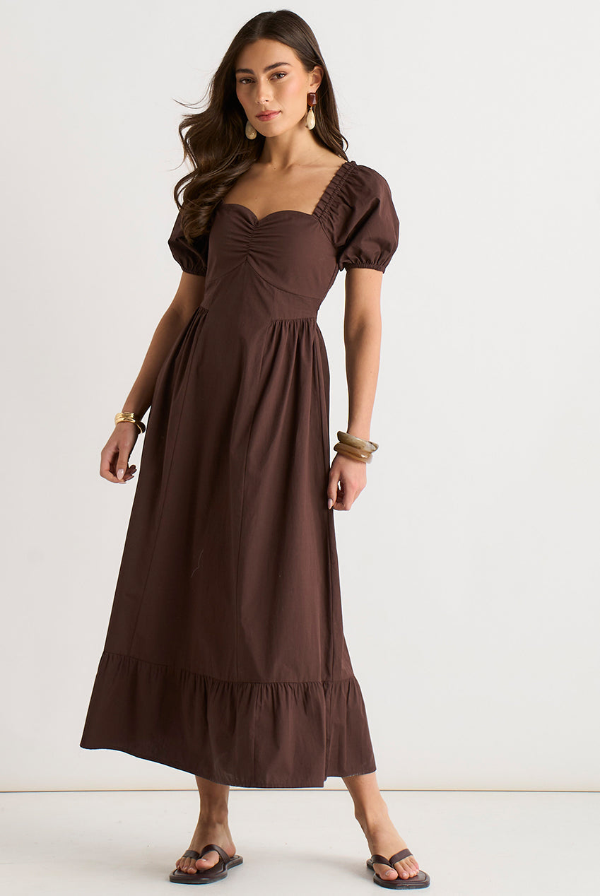 Brown Gypsy Puff Sleeves Midaxi Dress by Gini London