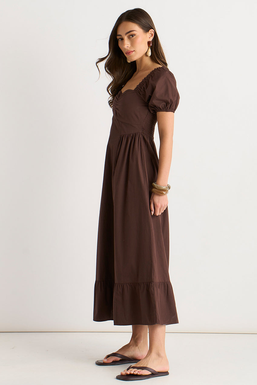 Brown Gypsy Puff Sleeves Midaxi Dress by Gini London