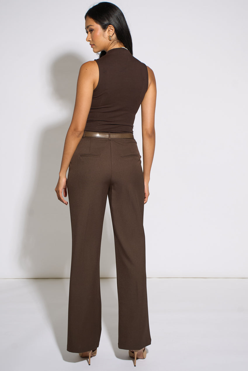 Brown Wide Leg Belted Tailoring Trouser by Gini London