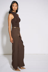 Brown Wide Leg Belted Tailoring Trouser by Gini London