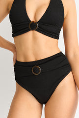 Black Textured Halter Bikini Top With Ring Detail by Gini London