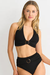 Black Textured High Waisted Bottoms With Ring Belt Detail by Gini London