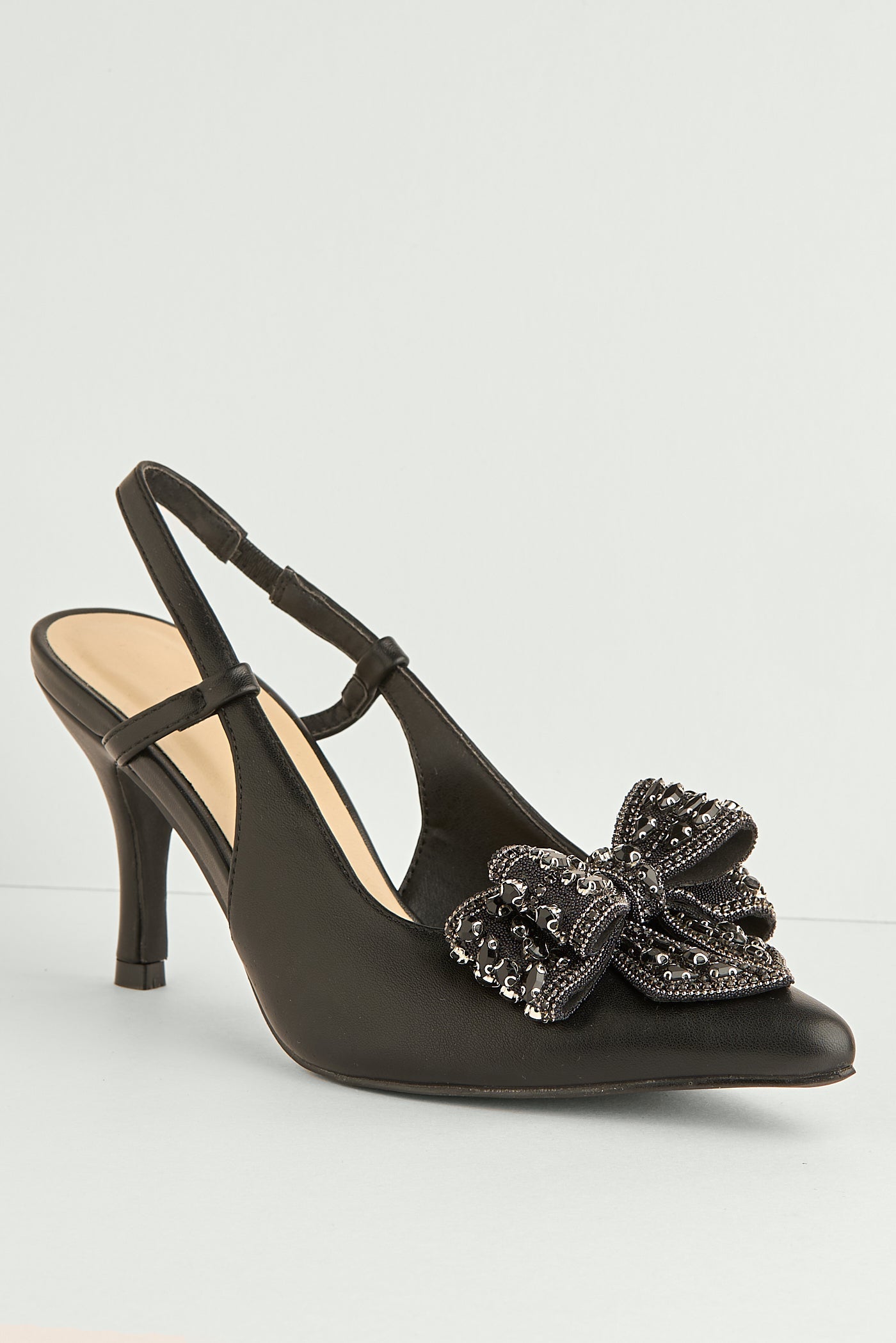 Celia Diamante Bow Pointed Toe Slingback Court Shoes In Black by Miss Diva