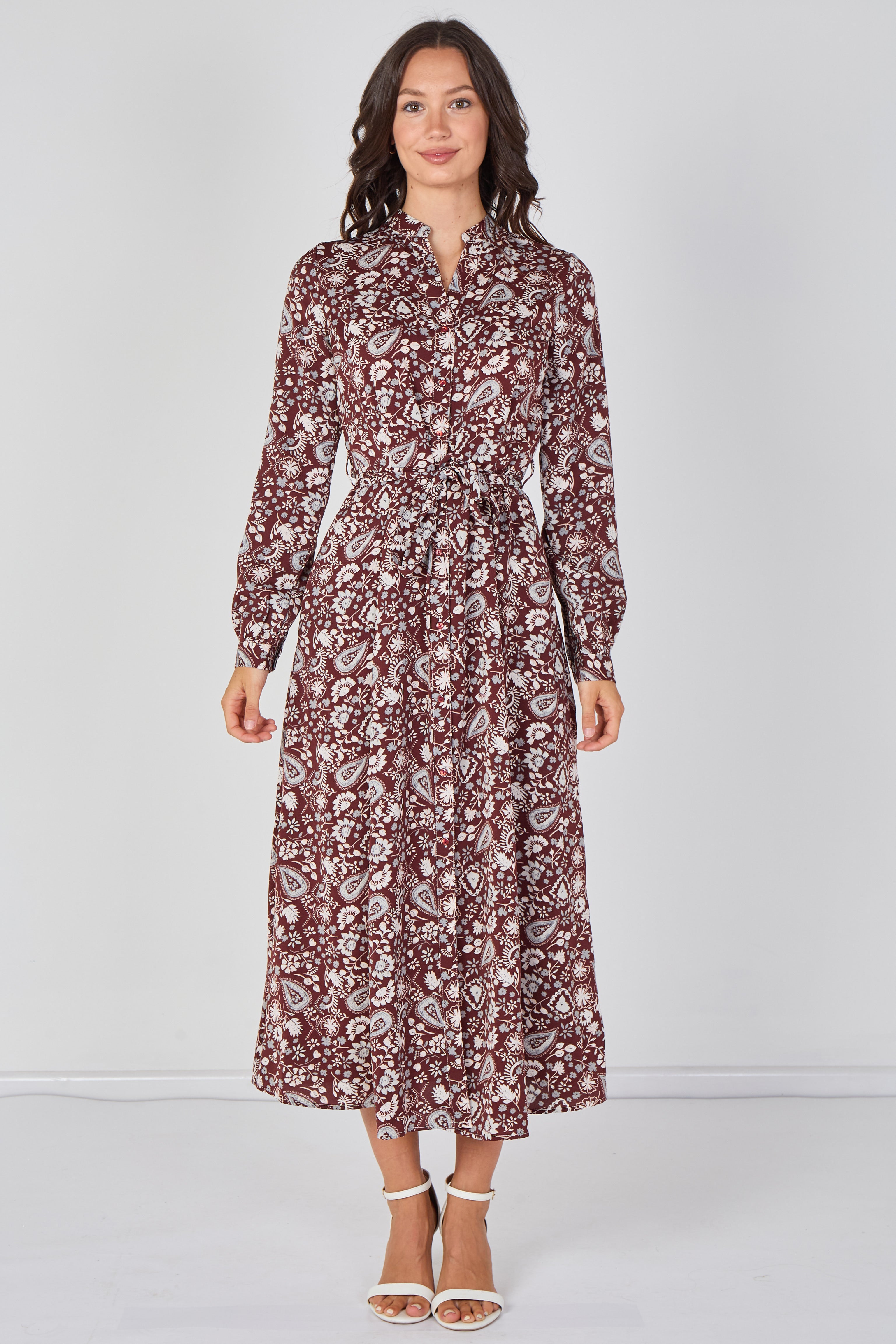 Burgundy Paisley Floral Print Belted Maxi Shirt Dress by LOVE SUNSHINE