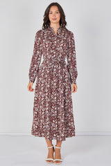 Burgundy Paisley Floral Print Belted Maxi Shirt Dress by LOVE SUNSHINE