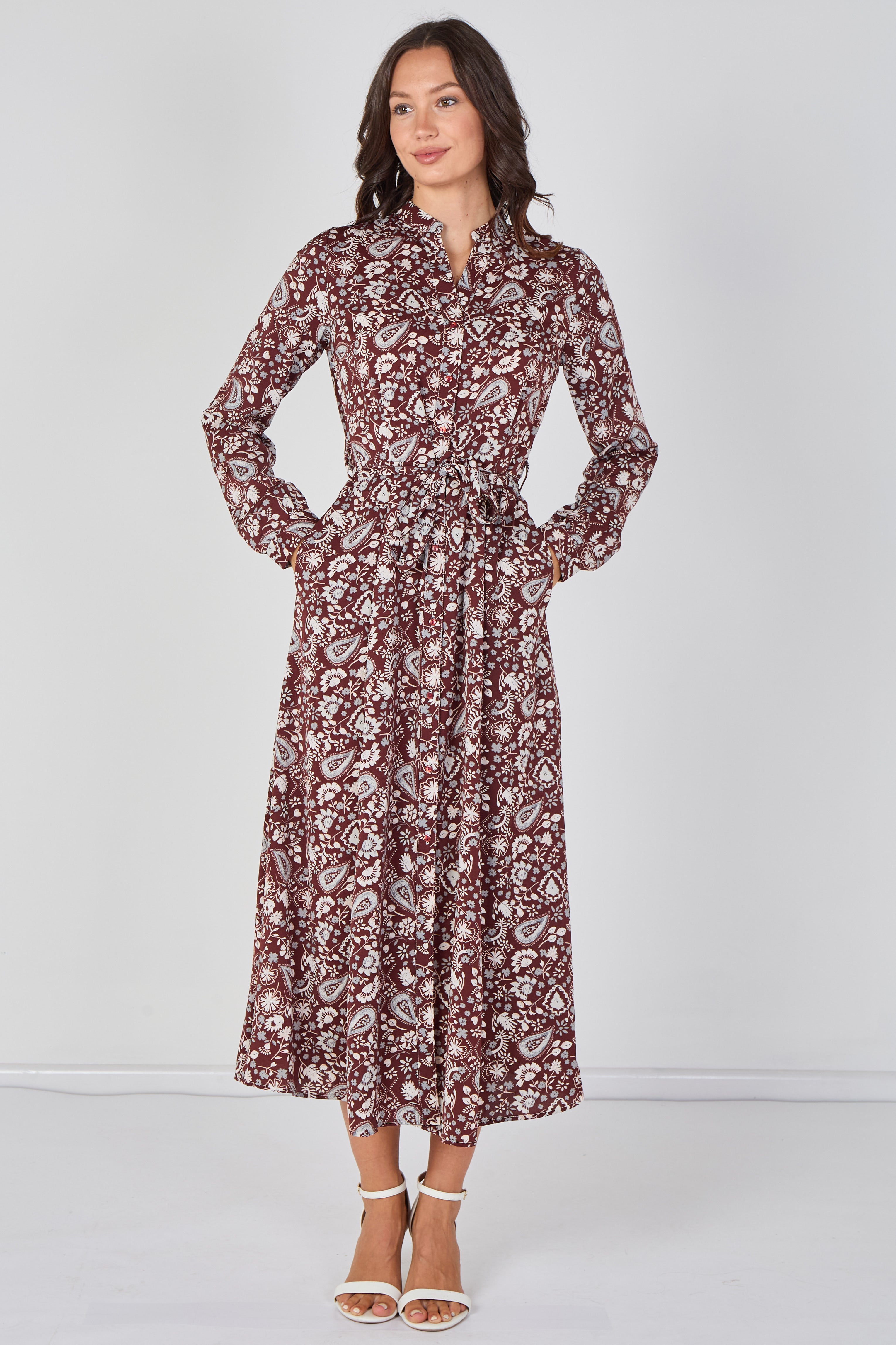 Burgundy Paisley Floral Print Belted Maxi Shirt Dress by LOVE SUNSHINE