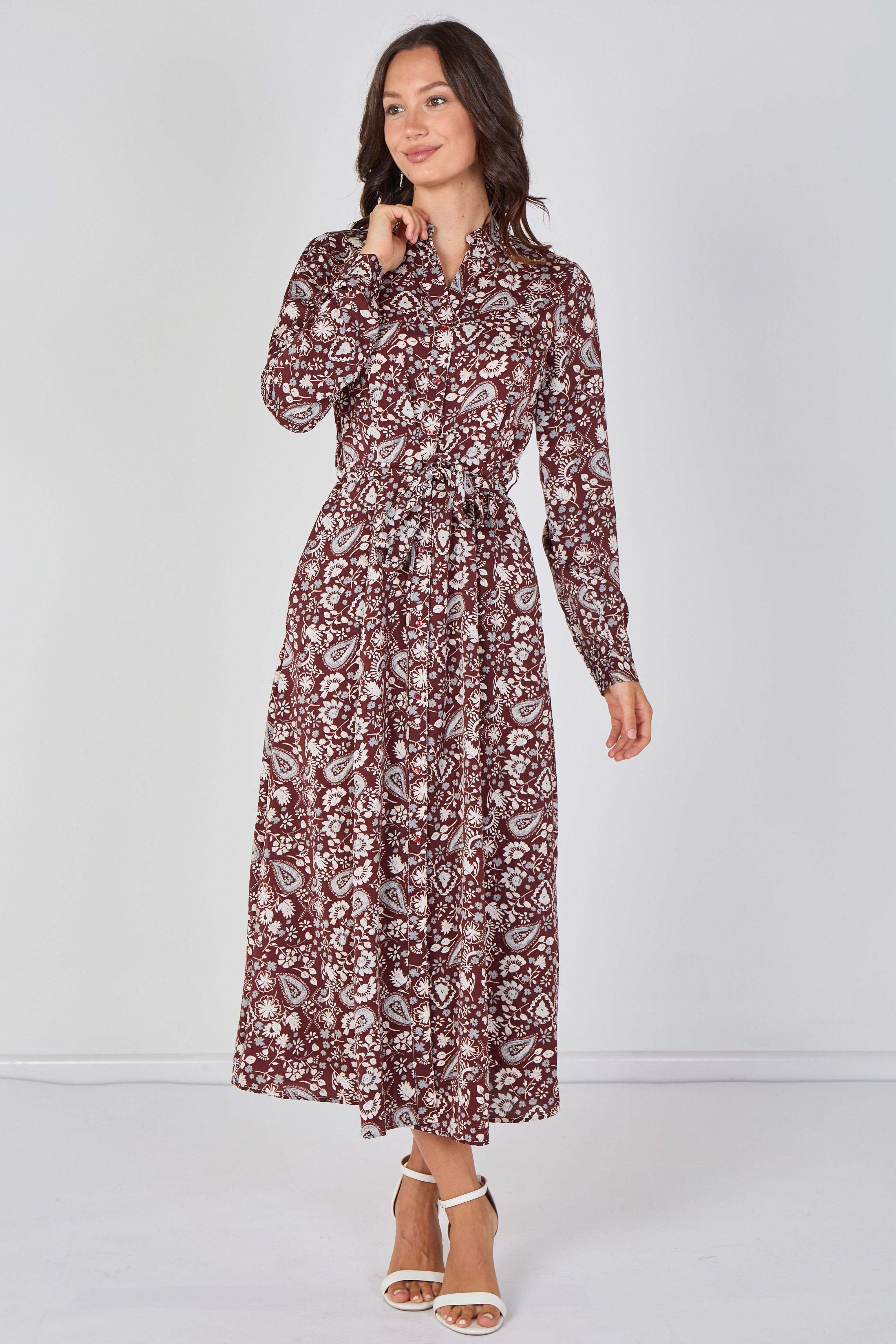 Burgundy Paisley Floral Print Belted Maxi Shirt Dress by LOVE SUNSHINE