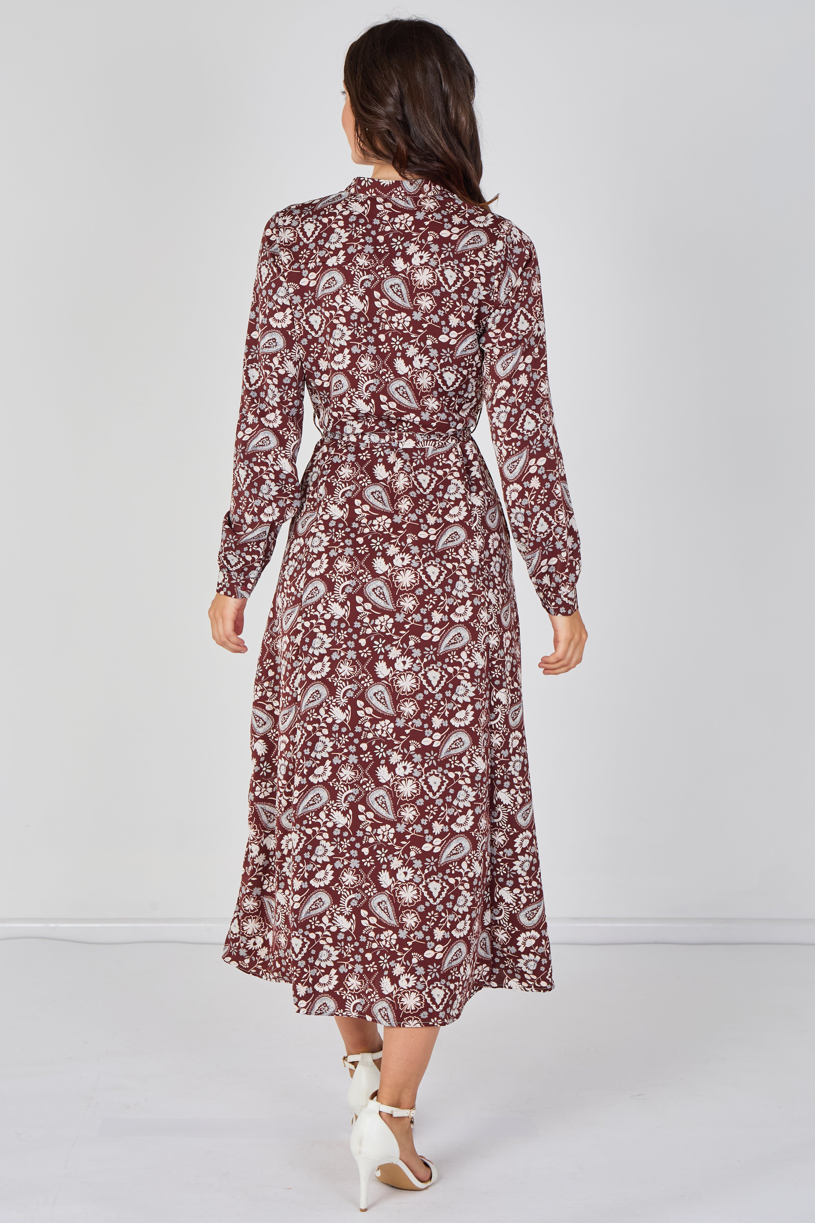 Burgundy Paisley Floral Print Belted Maxi Shirt Dress by LOVE SUNSHINE