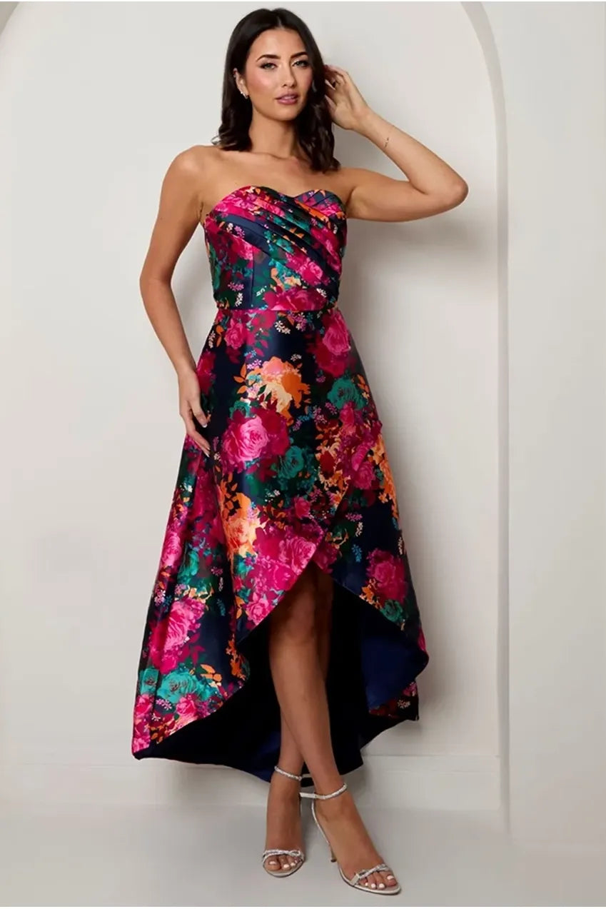 Bandeau Sweetheart Floral Wrap Detail Dip Hem Dress In Navy by Chi Chi London