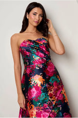 Bandeau Sweetheart Floral Wrap Detail Dip Hem Dress In Navy by Chi Chi London