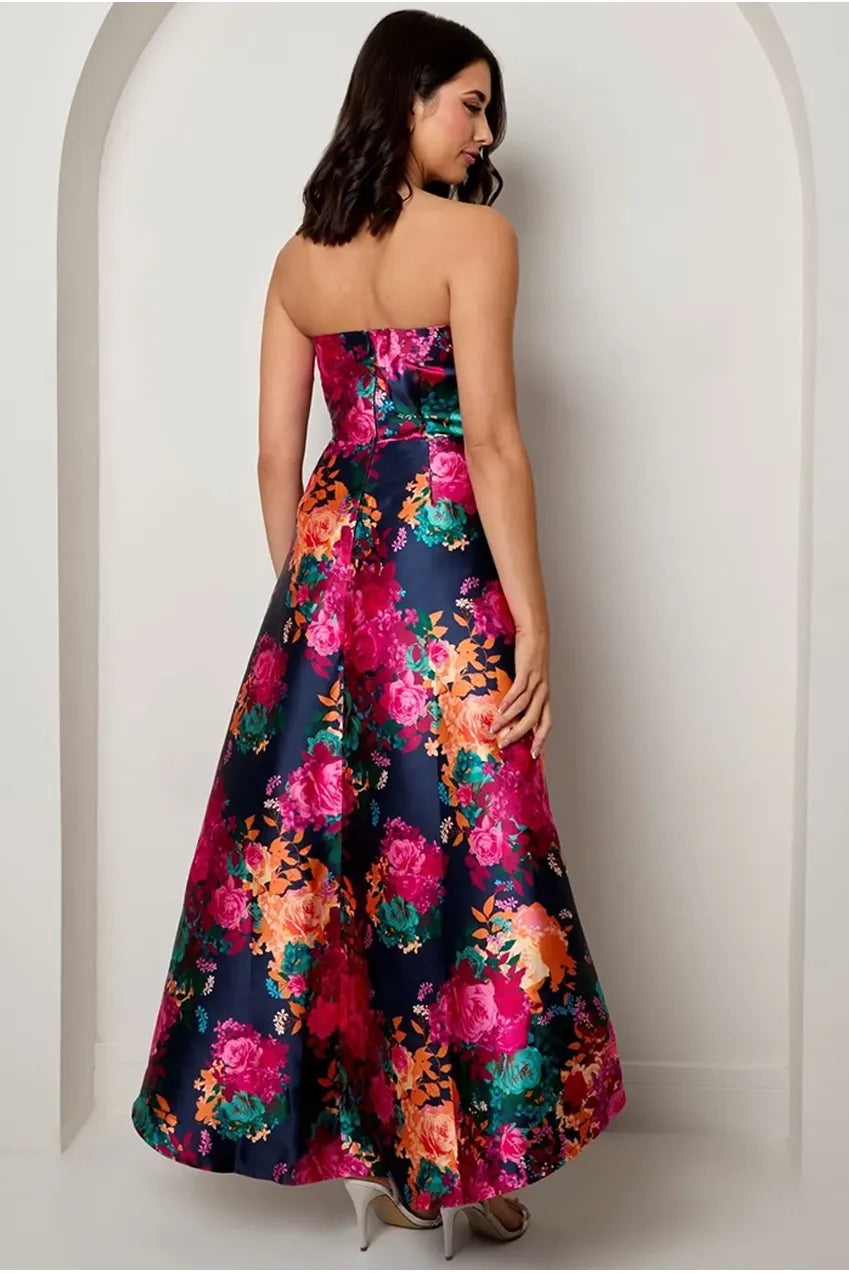Bandeau Sweetheart Floral Wrap Detail Dip Hem Dress In Navy by Chi Chi London
