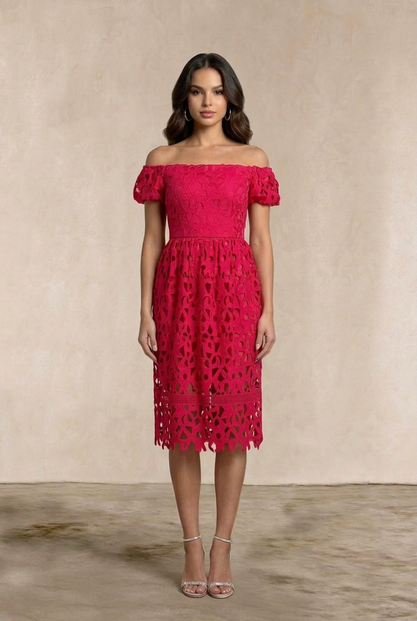 Bardot Premium Lace Fit And Flare Midi Dress In Hot Pink by Chi Chi London