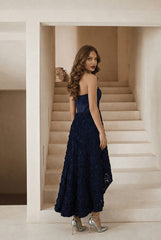 3D Floral Dip Hem Dress In Navy by Chi Chi London