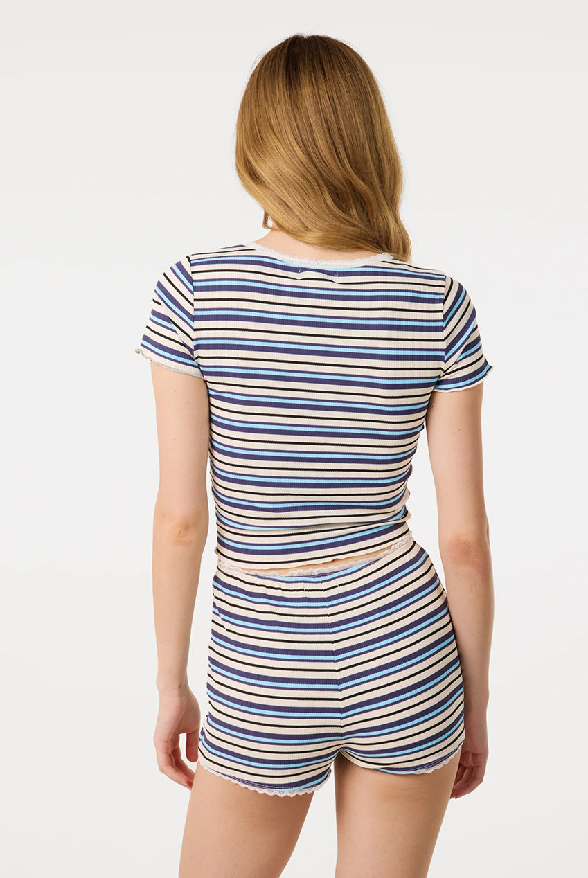 Cap Sleeve Stripe Lace Trim Top by Pink Vanilla