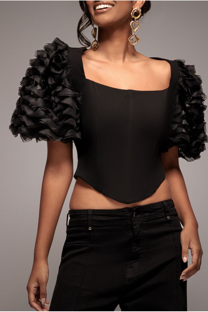 3D Textured Sleeve Scuba Corset Top - Black by Goddiva