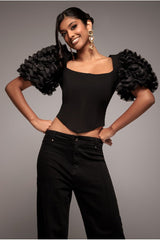 3D Textured Sleeve Scuba Corset Top - Black by Goddiva