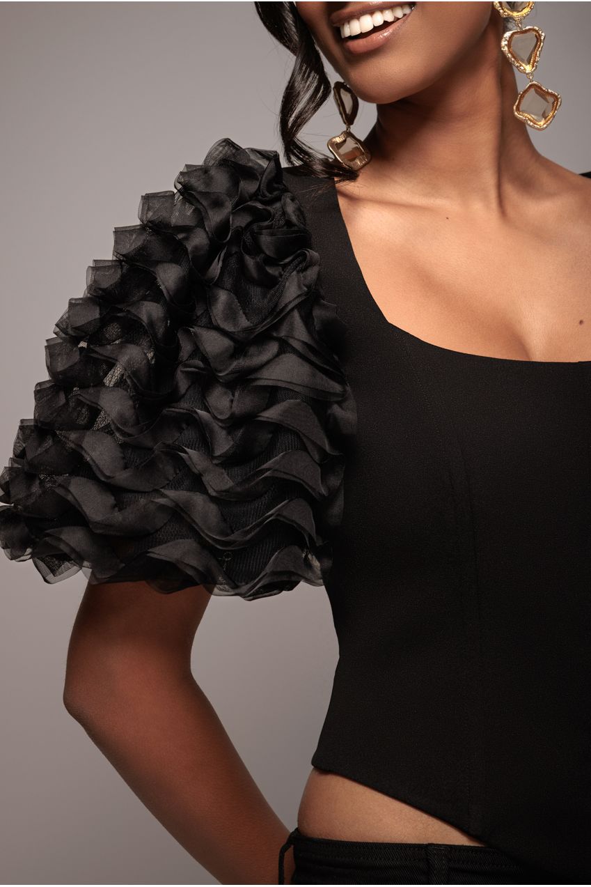 3D Textured Sleeve Scuba Corset Top - Black by Goddiva