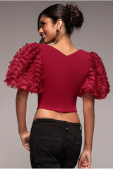 3D Textured Sleeve Scuba Corset Top - Burgundy by Goddiva