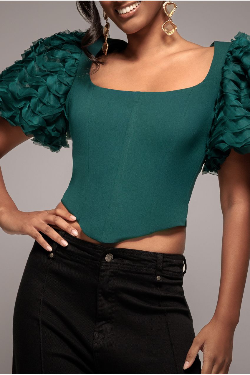 3D Textured Sleeve Scuba Corset Top - Emerald Green by Goddiva