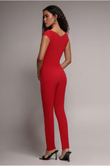 Bardot Scuba Jumpsuit - Red by Goddiva
