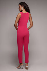 Buckle Plunge Bow Detail Jumpsuit - Cerise by Goddiva