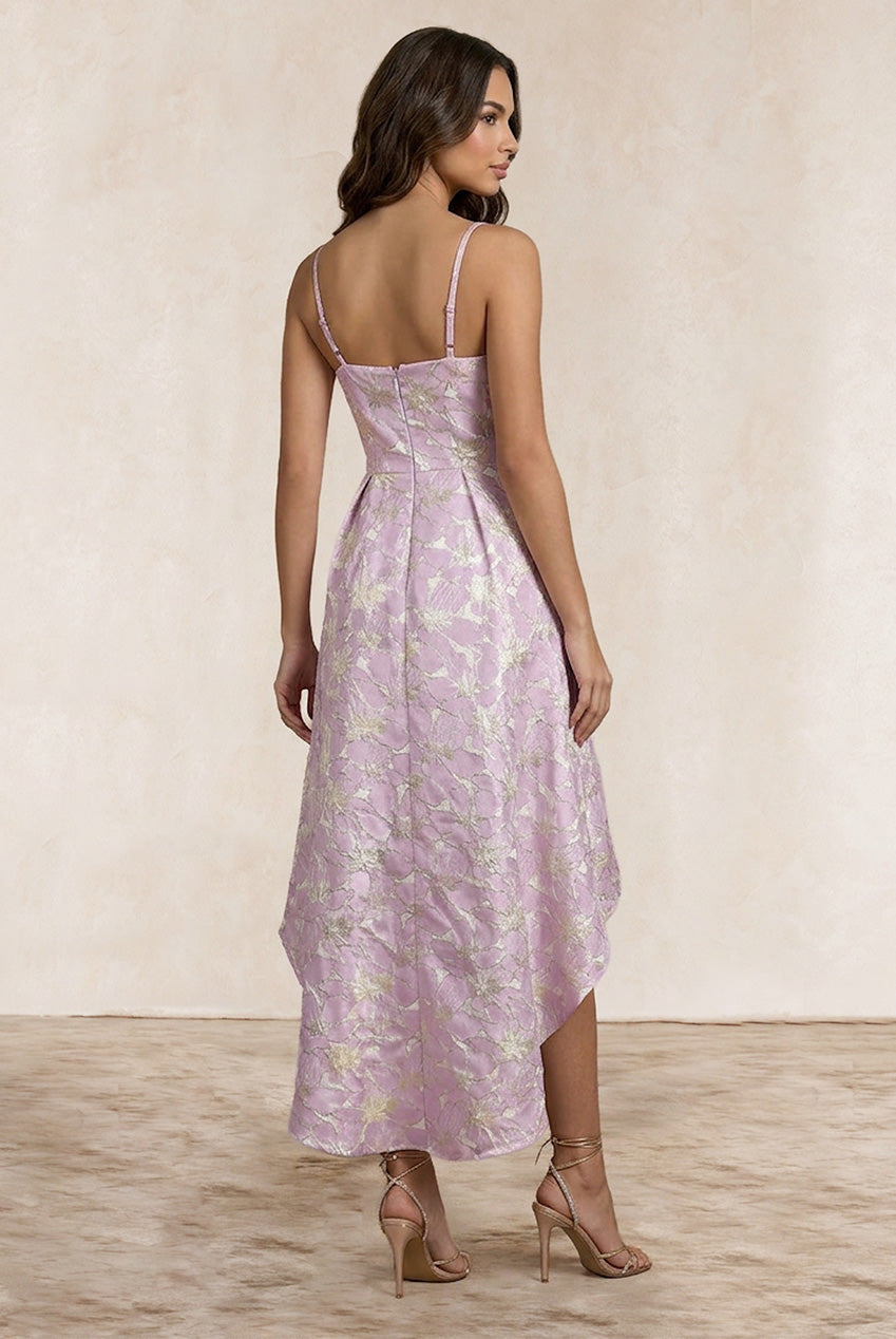 Cami Floral Jacquard Dip Hem Dress In Lilac by Chi Chi London