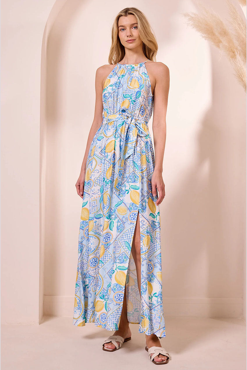 Blue Halterneck Maxi Dress With Lemons by Angeleye