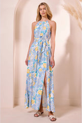 Blue Halterneck Maxi Dress With Lemons by Angeleye