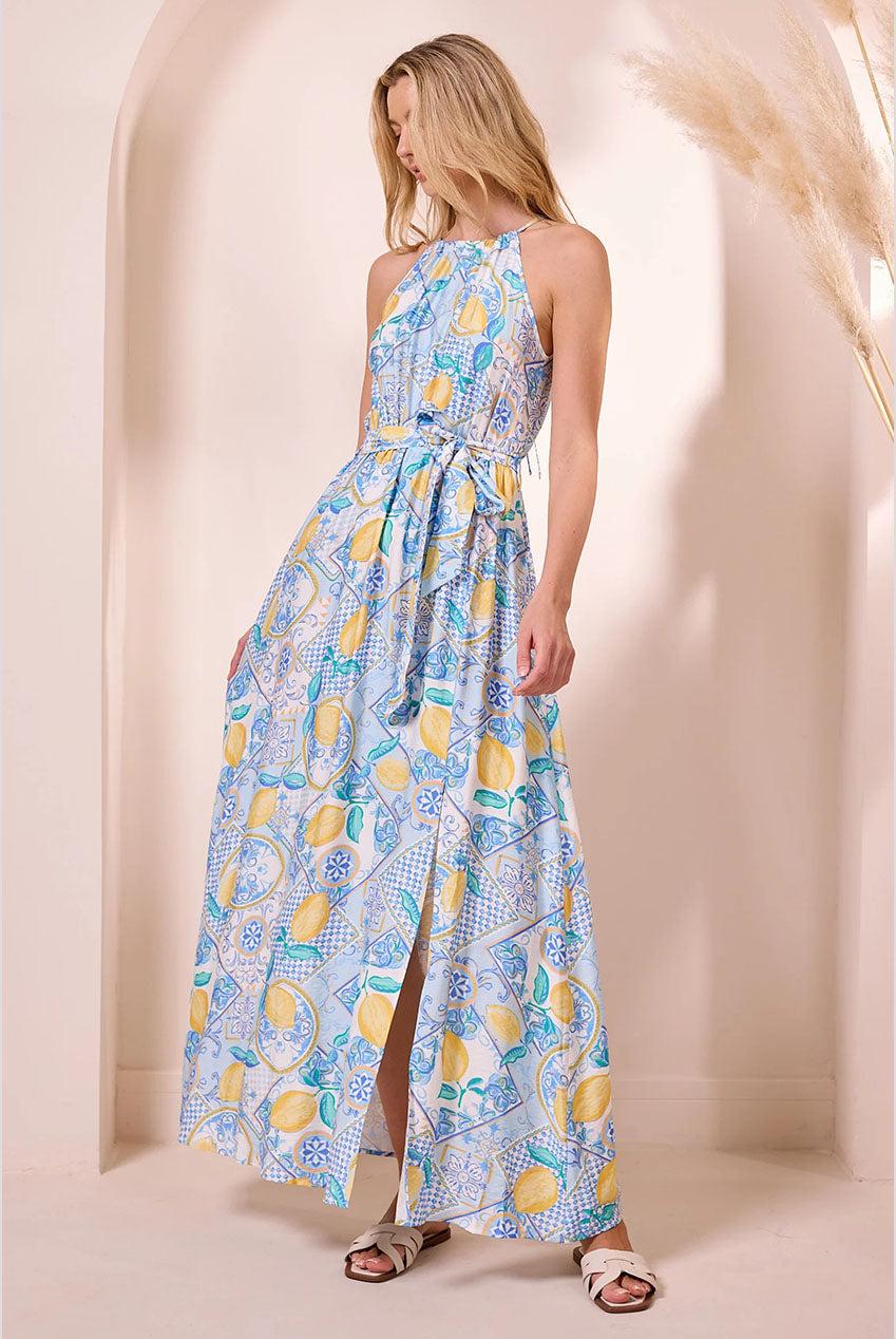 Blue Halterneck Maxi Dress With Lemons by Angeleye