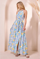 Blue Halterneck Maxi Dress With Lemons by Angeleye