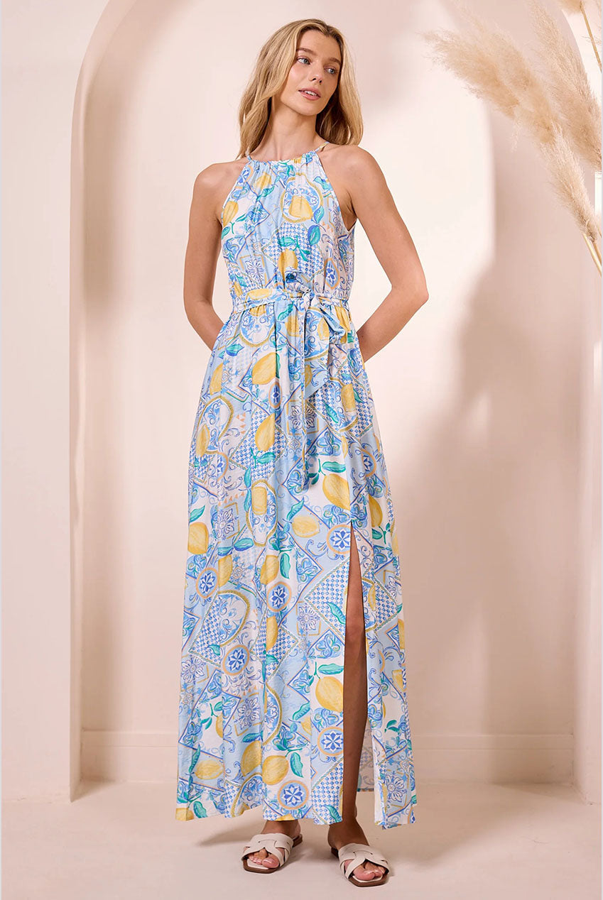 Blue Halterneck Maxi Dress With Lemons by Angeleye