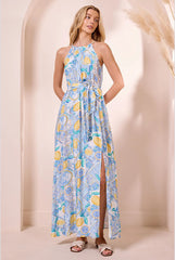 Blue Halterneck Maxi Dress With Lemons by Angeleye